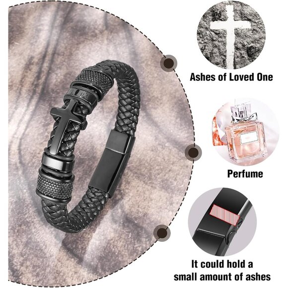 Men's Stainless Steel Leather Ashes Memorial Bracelet Cross Style Secure Keepsak - Picture 7 of 7